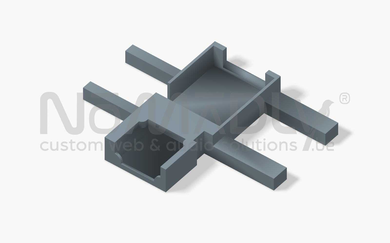 Rendu 3D du support seul, avec ses deux logements et ses traverses.
